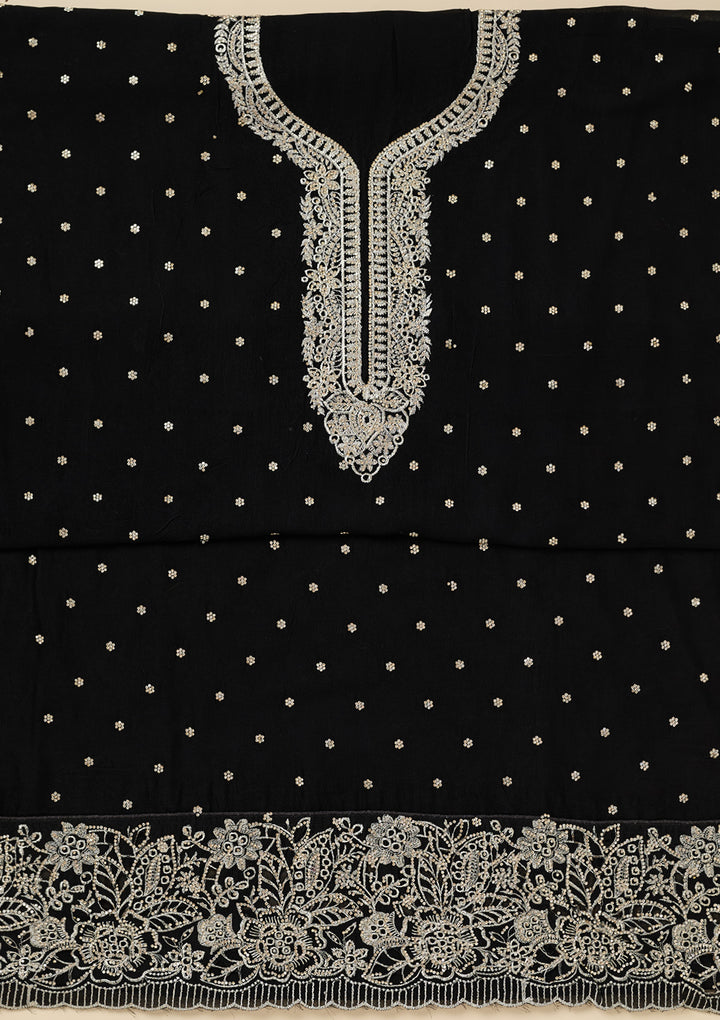 Black Soft Raw Silk Gold Zariwork Unstitched Dress Material With Matching Bottom And Dupatta