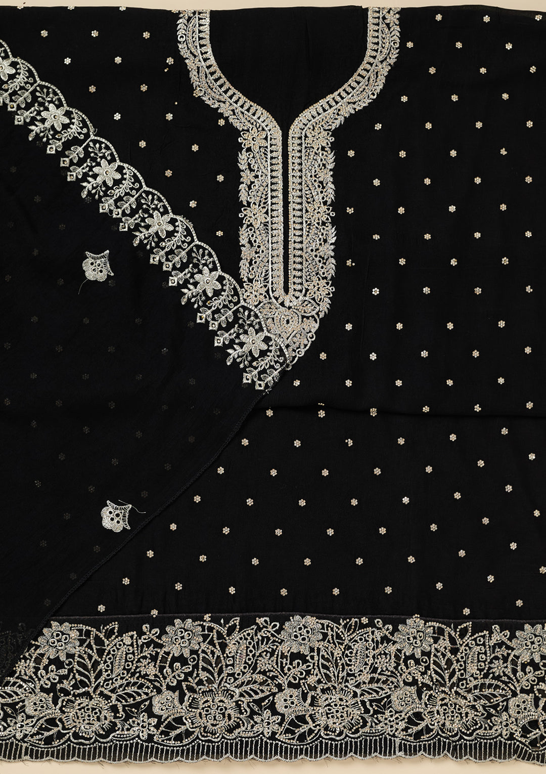 Black Soft Raw Silk Gold Zariwork Unstitched Dress Material With Matching Bottom And Dupatta