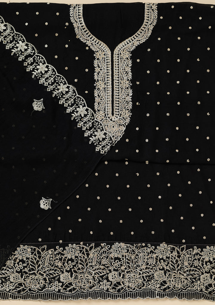 Black Soft Raw Silk Gold Zariwork Unstitched Dress Material With Matching Bottom And Dupatta