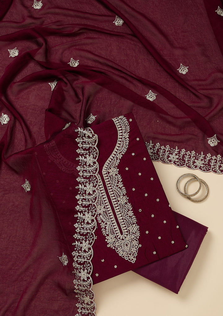 Maroon Soft Raw Silk Gold Zariwork Unstitched Dress Material With Matching Bottom And Dupatta