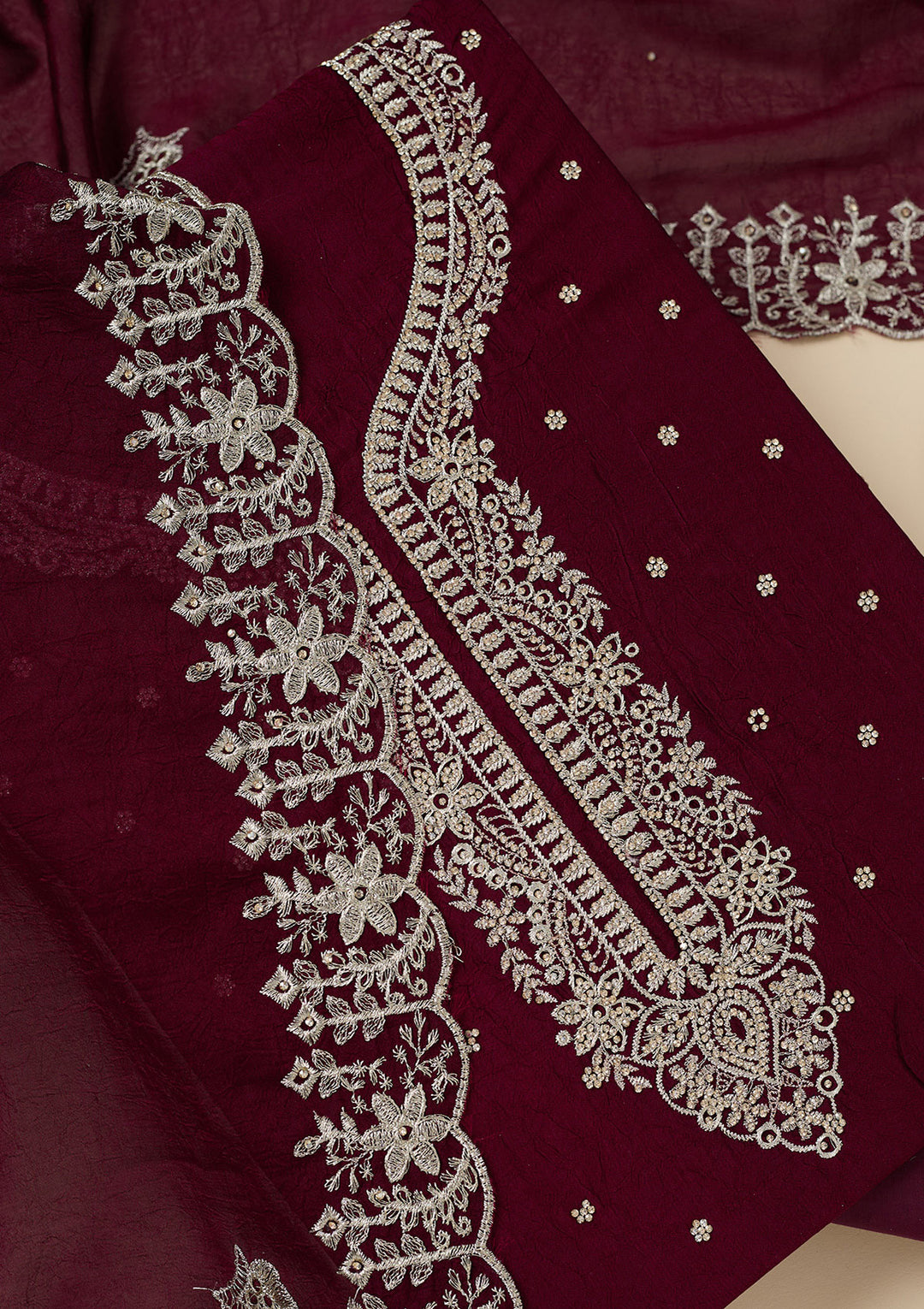 Maroon Soft Raw Silk Gold Zariwork Unstitched Dress Material With Matching Bottom And Dupatta