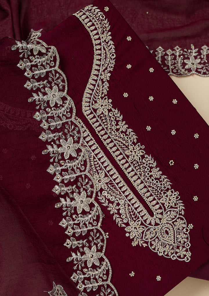 Maroon Soft Raw Silk Gold Zariwork Unstitched Dress Material With Matching Bottom And Dupatta