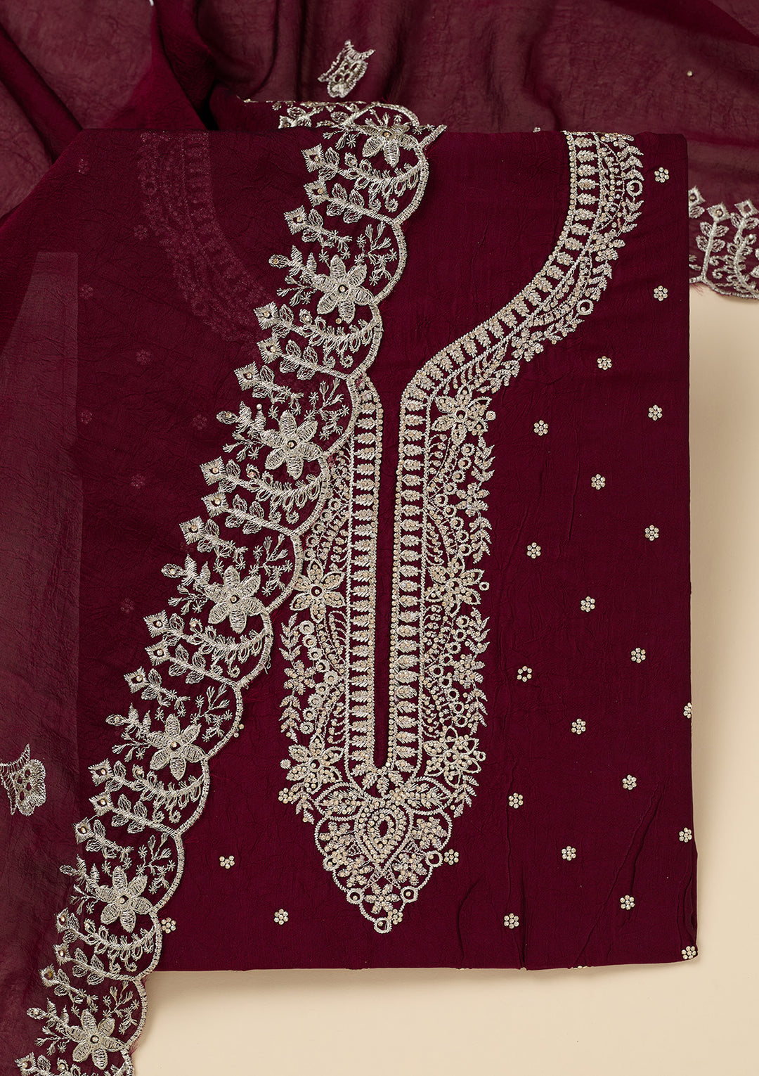 Maroon Soft Raw Silk Gold Zariwork Unstitched Dress Material With Matching Bottom And Dupatta