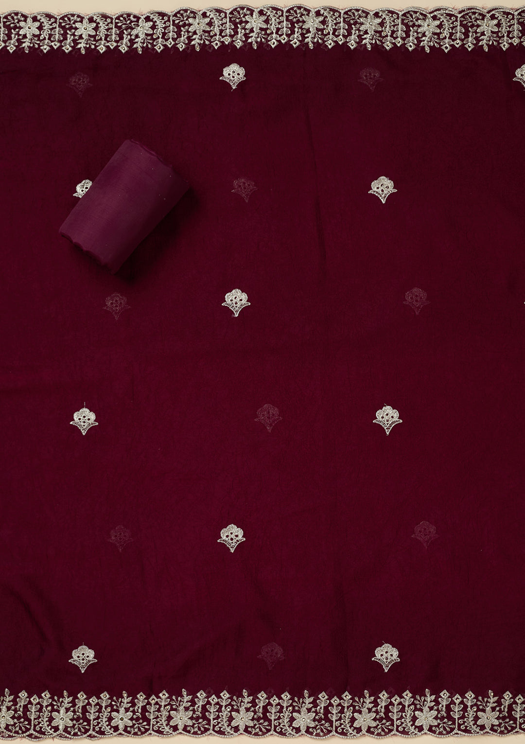 Maroon Soft Raw Silk Gold Zariwork Unstitched Dress Material With Matching Bottom And Dupatta