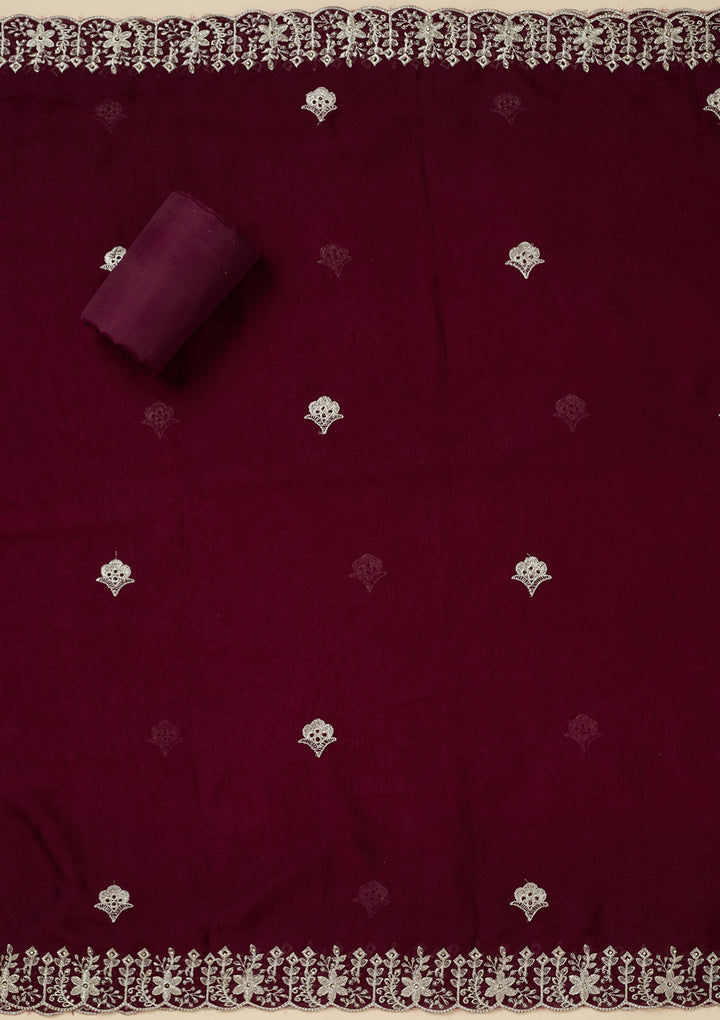 Maroon Soft Raw Silk Gold Zariwork Unstitched Dress Material With Matching Bottom And Dupatta