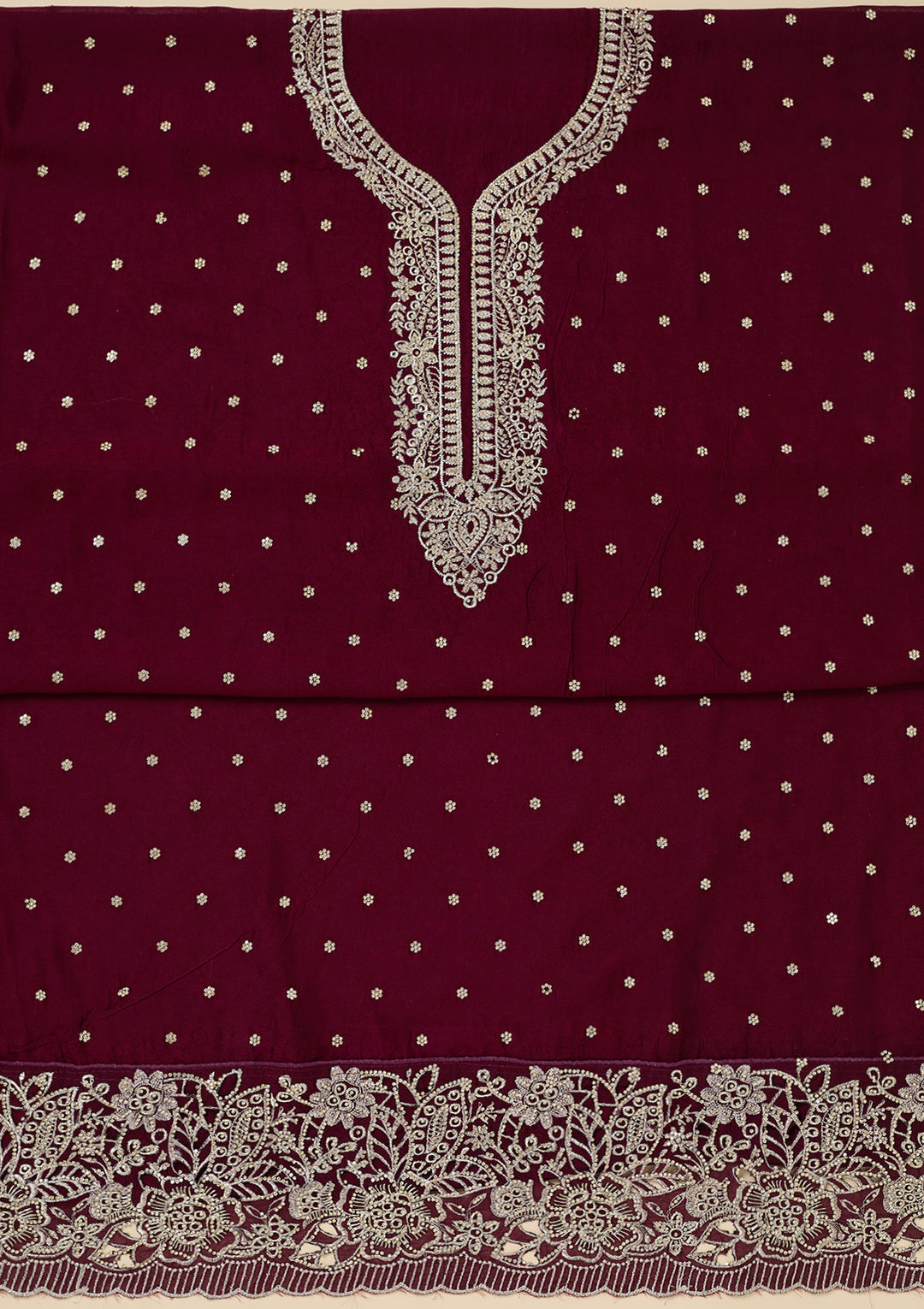 Maroon Soft Raw Silk Gold Zariwork Unstitched Dress Material With Matching Bottom And Dupatta