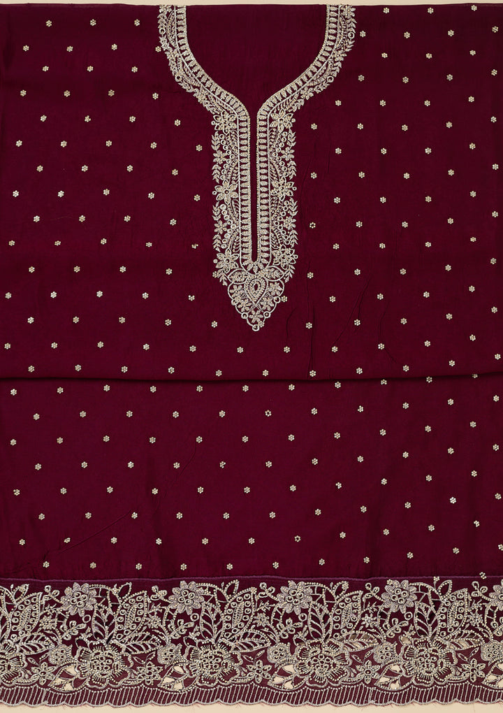 Maroon Soft Raw Silk Gold Zariwork Unstitched Dress Material With Matching Bottom And Dupatta