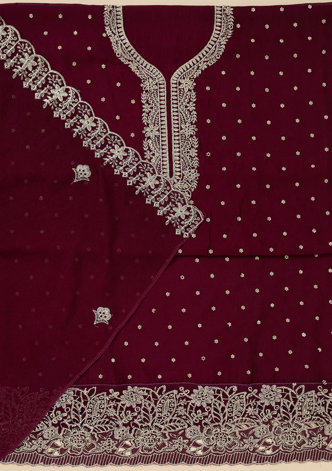 Maroon Soft Raw Silk Gold Zariwork Unstitched Dress Material With Matching Bottom And Dupatta