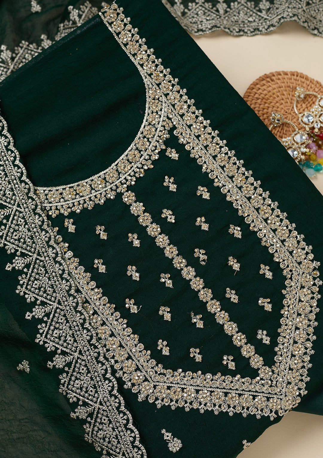 Bottle Green Soft Raw Silk Gold Zardozi Work Unstitched Dress Material With Matching Bottom And Dupatta