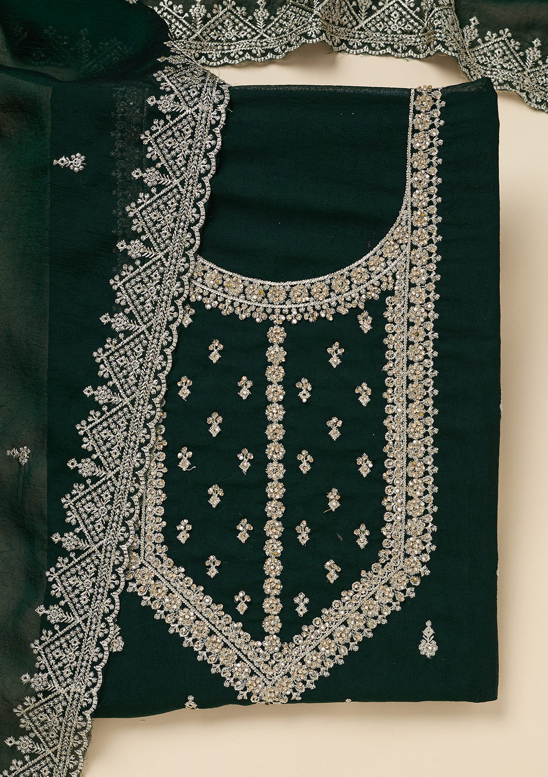 Bottle Green Soft Raw Silk Gold Zardozi Work Unstitched Dress Material With Matching Bottom And Dupatta