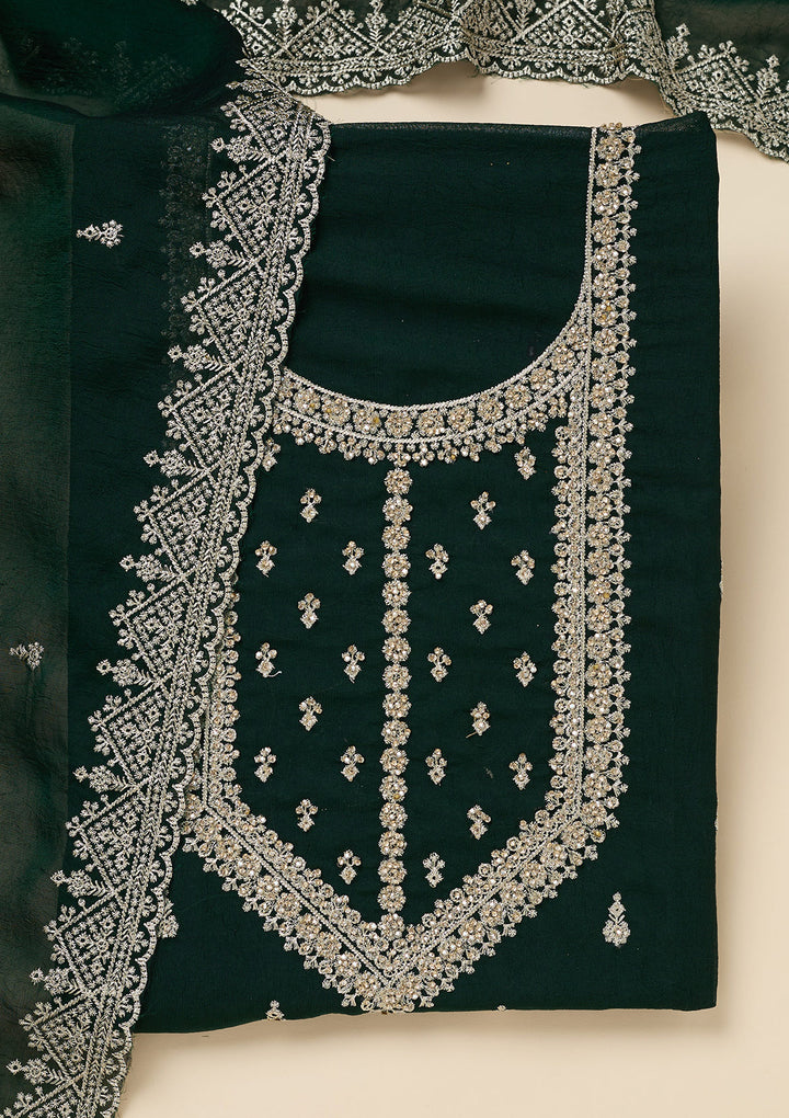 Bottle Green Soft Raw Silk Gold Zardozi Work Unstitched Dress Material With Matching Bottom And Dupatta