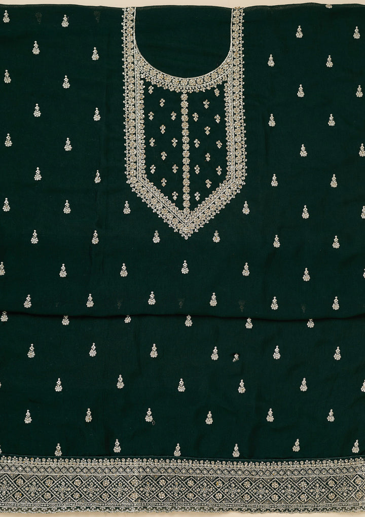 Bottle Green Soft Raw Silk Gold Zardozi Work Unstitched Dress Material With Matching Bottom And Dupatta