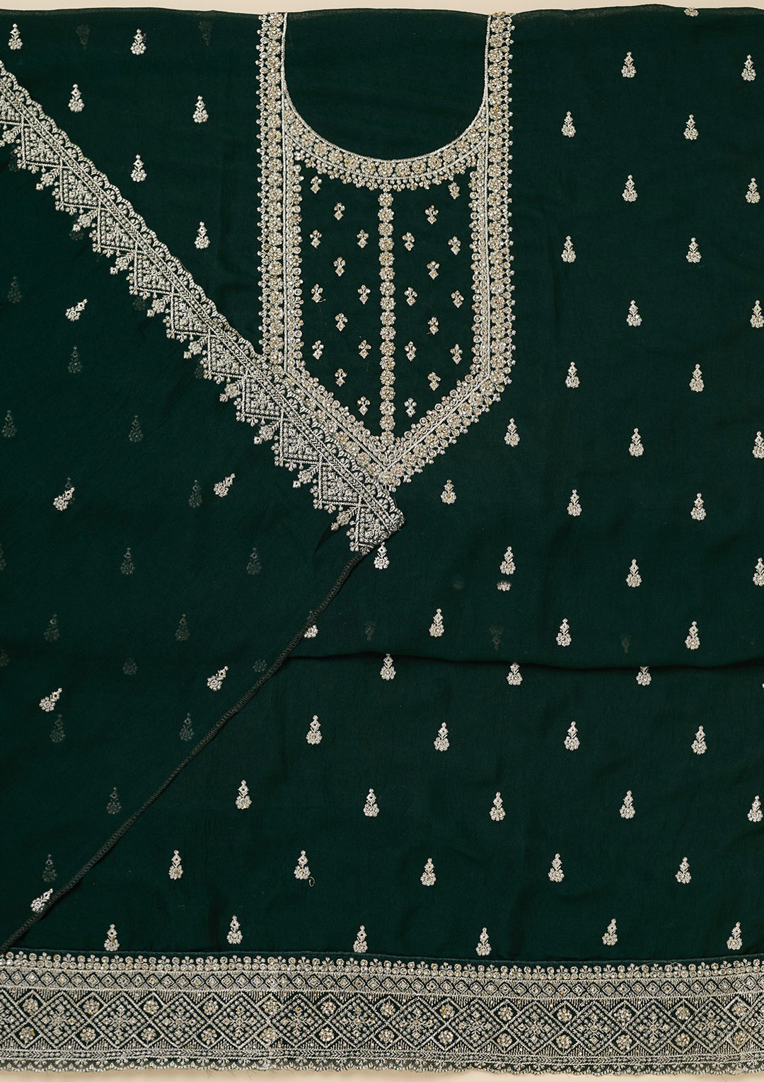 Bottle Green Soft Raw Silk Gold Zardozi Work Unstitched Dress Material With Matching Bottom And Dupatta