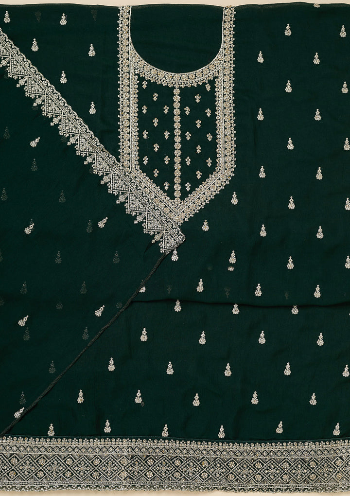 Bottle Green Soft Raw Silk Gold Zardozi Work Unstitched Dress Material With Matching Bottom And Dupatta