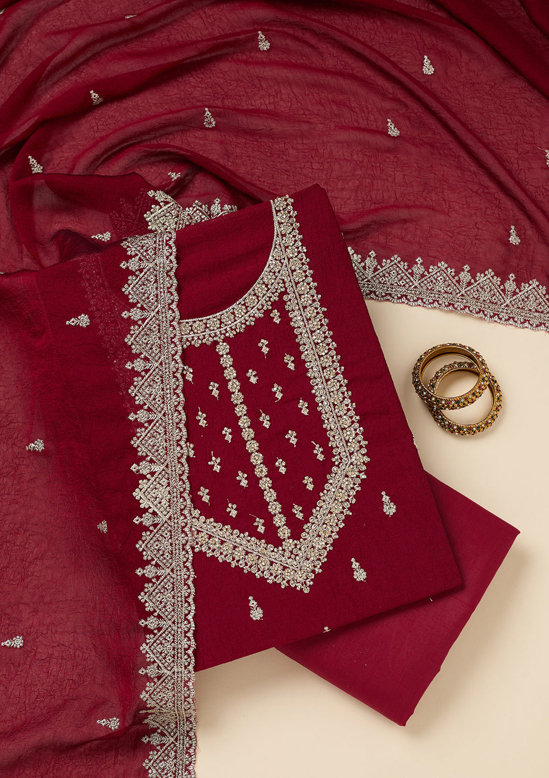 Maroon Soft Raw Silk Gold Zardozi Work Unstitched Dress Material With Matching Bottom And Dupatta