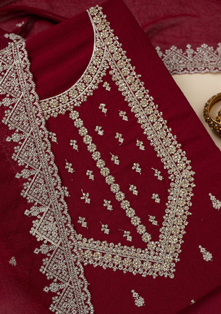 Maroon Soft Raw Silk Gold Zardozi Work Unstitched Dress Material With Matching Bottom And Dupatta