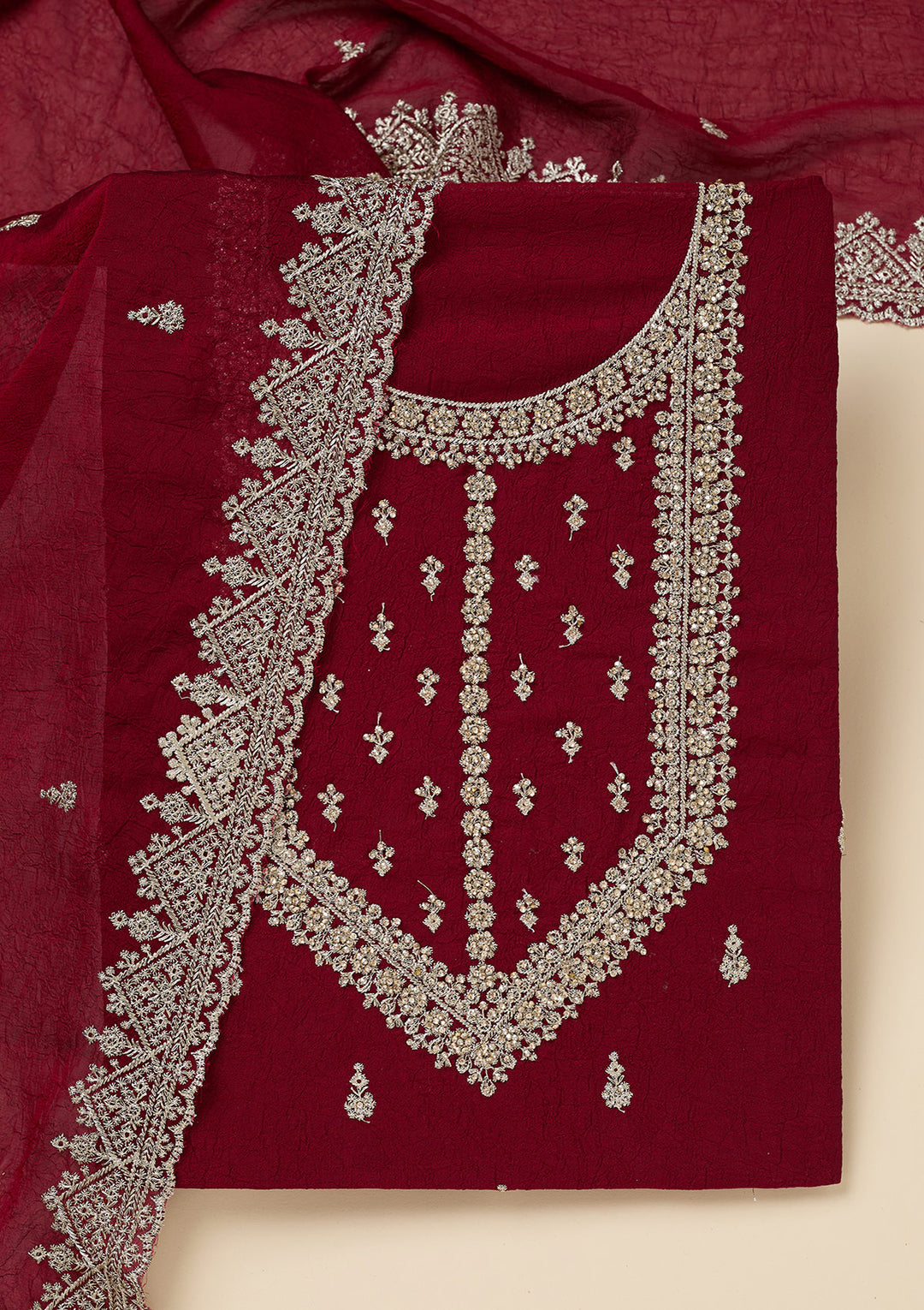 Maroon Soft Raw Silk Gold Zardozi Work Unstitched Dress Material With Matching Bottom And Dupatta