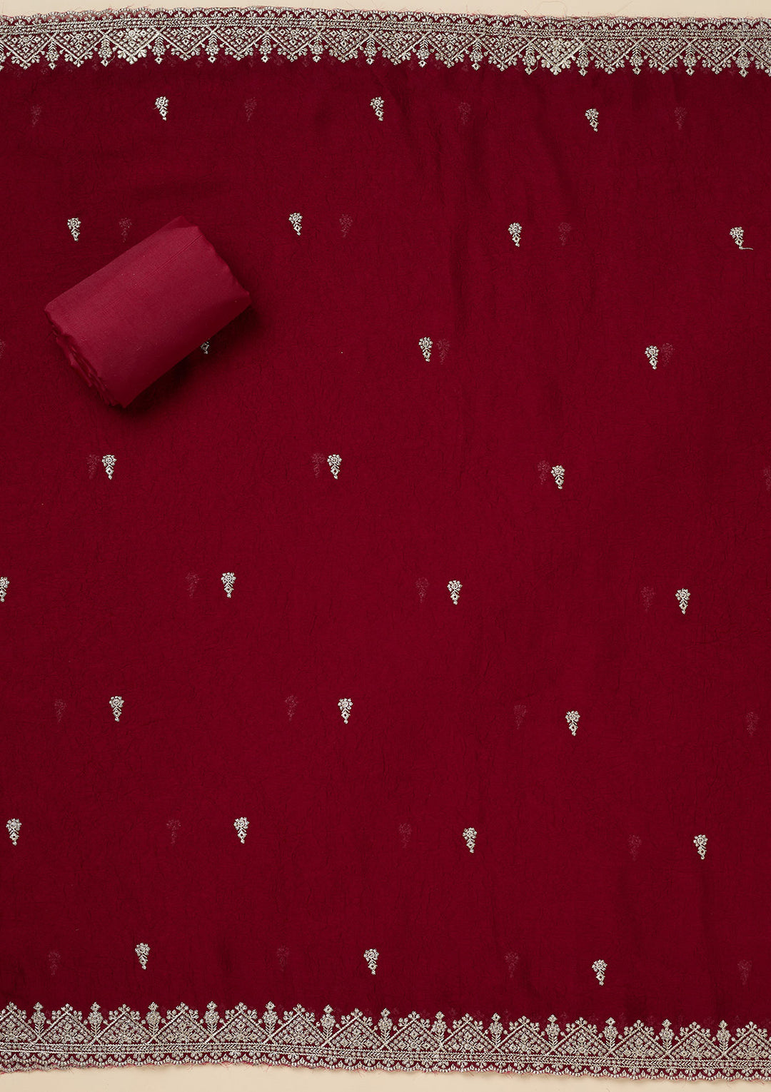 Maroon Soft Raw Silk Gold Zardozi Work Unstitched Dress Material With Matching Bottom And Dupatta