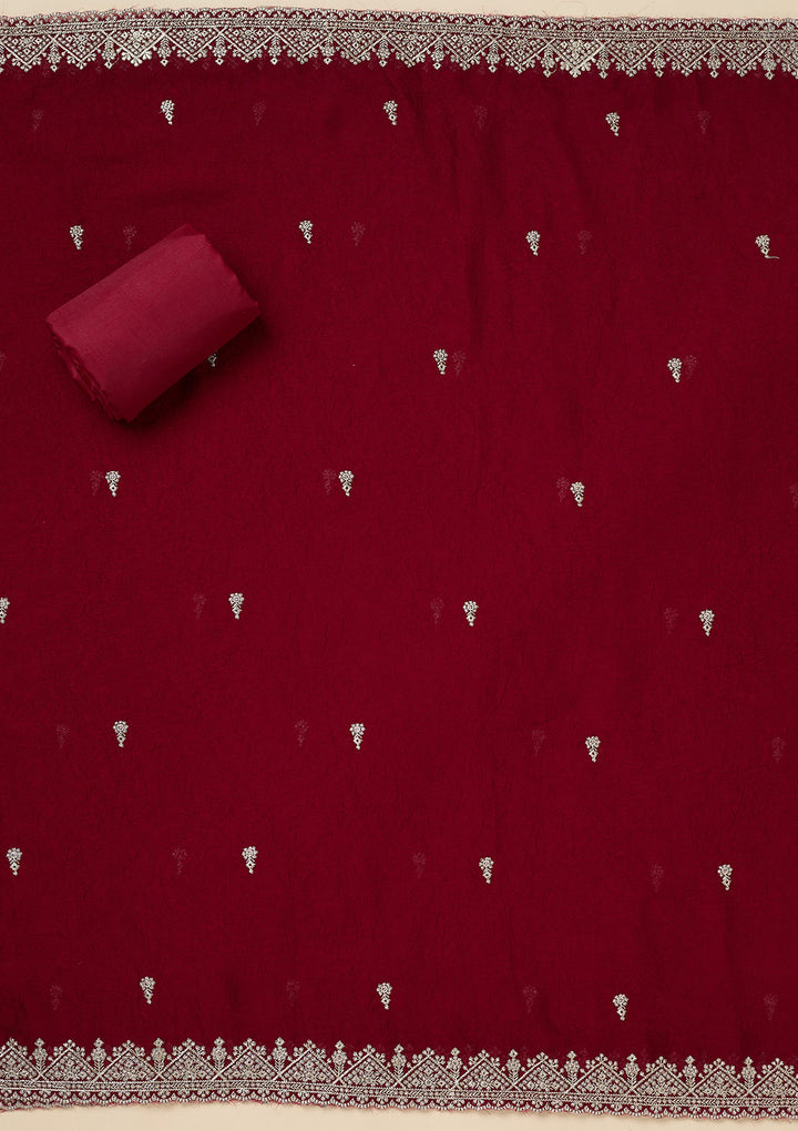 Maroon Soft Raw Silk Gold Zardozi Work Unstitched Dress Material With Matching Bottom And Dupatta