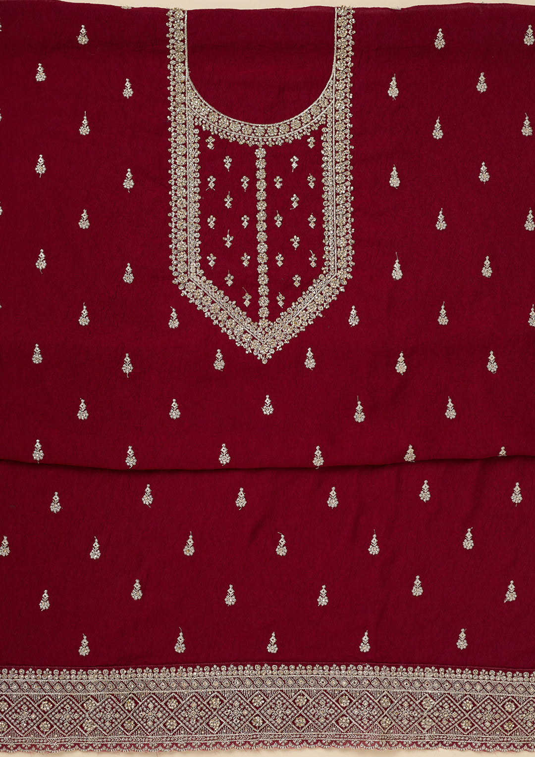 Maroon Soft Raw Silk Gold Zardozi Work Unstitched Dress Material With Matching Bottom And Dupatta