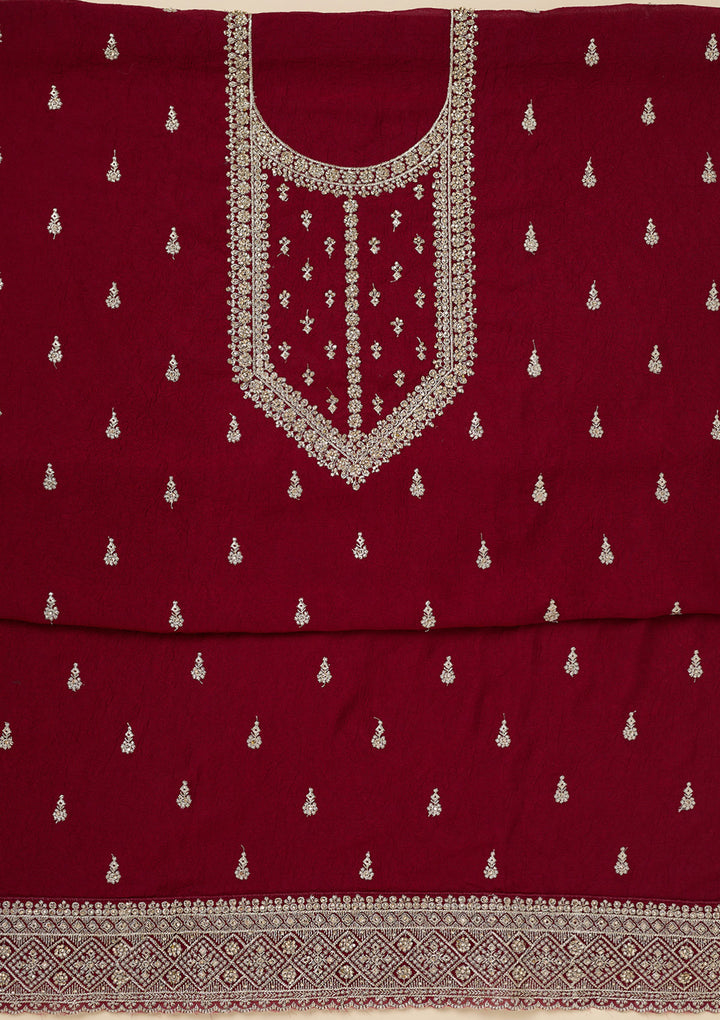 Maroon Soft Raw Silk Gold Zardozi Work Unstitched Dress Material With Matching Bottom And Dupatta