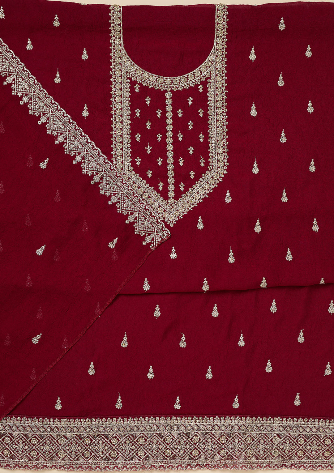 Maroon Soft Raw Silk Gold Zardozi Work Unstitched Dress Material With Matching Bottom And Dupatta