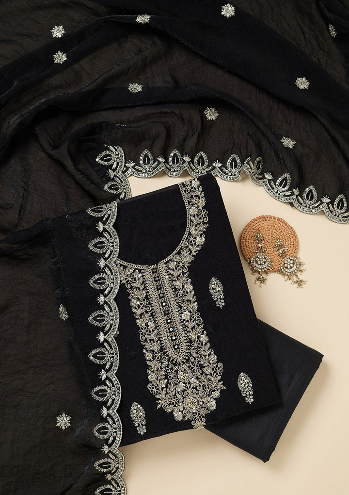 Black Soft Raw Silk Cutdana Unstitched Dress Material With Matching Bottom And Dupatta
