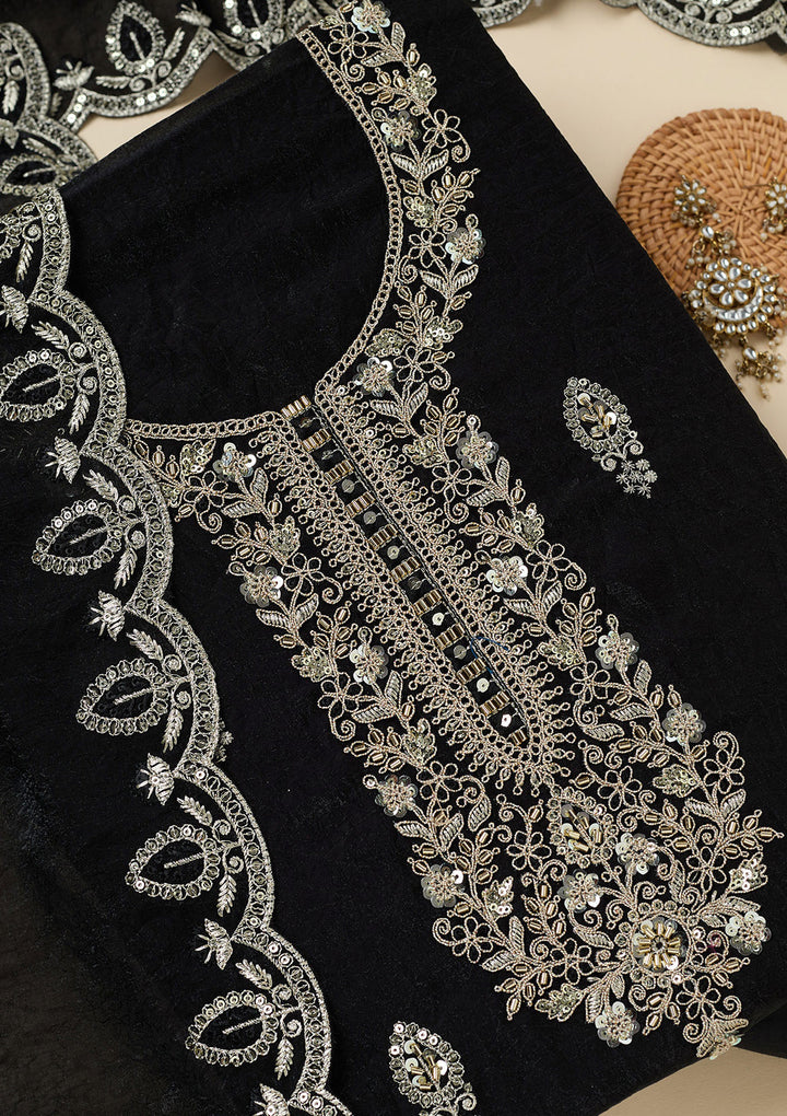 Black Soft Raw Silk Cutdana Unstitched Dress Material With Matching Bottom And Dupatta