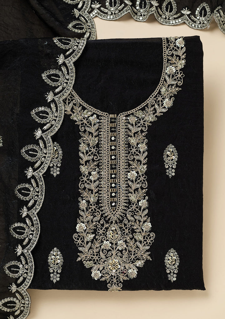 Black Soft Raw Silk Cutdana Unstitched Dress Material With Matching Bottom And Dupatta