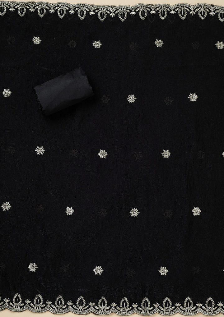 Black Soft Raw Silk Cutdana Unstitched Dress Material With Matching Bottom And Dupatta