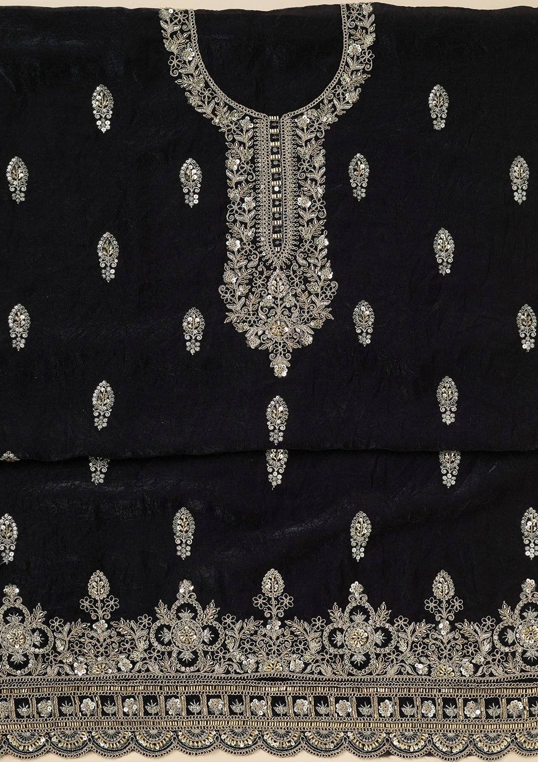Black Soft Raw Silk Cutdana Unstitched Dress Material With Matching Bottom And Dupatta