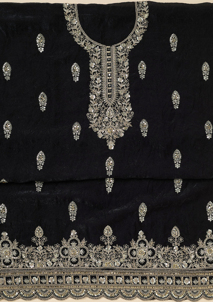 Black Soft Raw Silk Cutdana Unstitched Dress Material With Matching Bottom And Dupatta