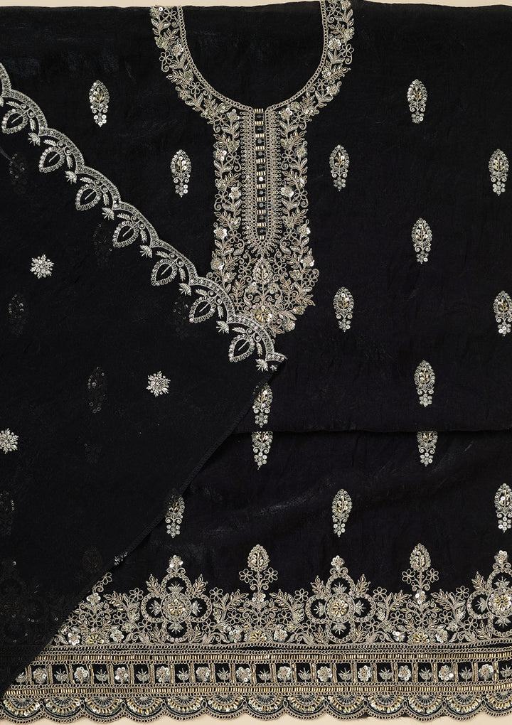 Black Soft Raw Silk Cutdana Unstitched Dress Material With Matching Bottom And Dupatta