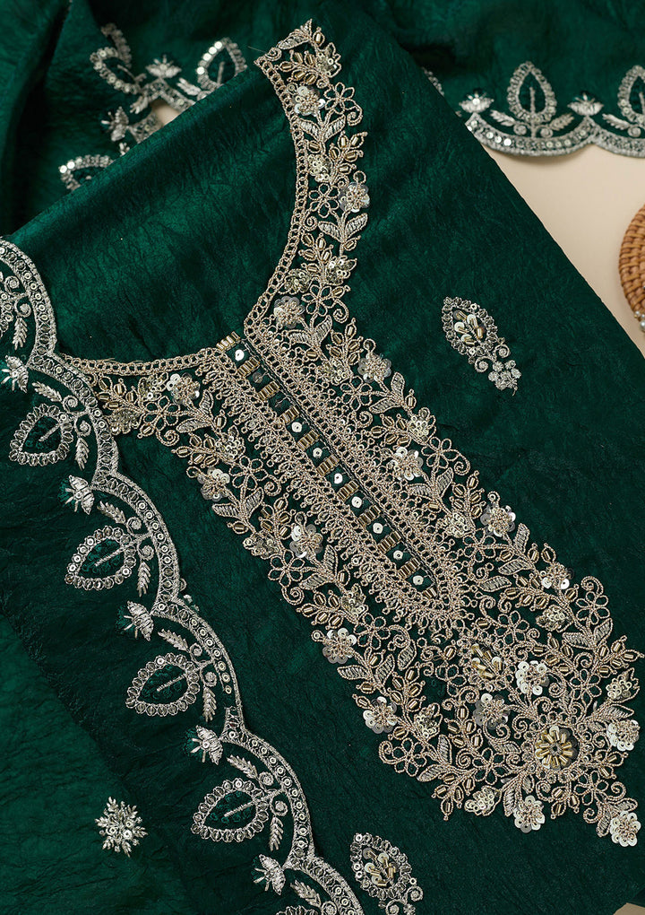 Bottle Green Soft Raw Silk Cutdana Unstitched Dress Material With Matching Bottom And Dupatta