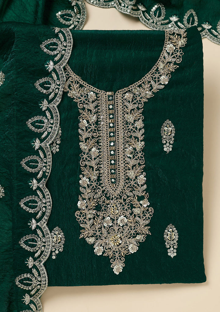Bottle Green Soft Raw Silk Cutdana Unstitched Dress Material With Matching Bottom And Dupatta