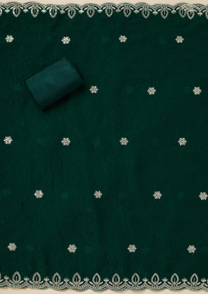 Bottle Green Soft Raw Silk Cutdana Unstitched Dress Material With Matching Bottom And Dupatta