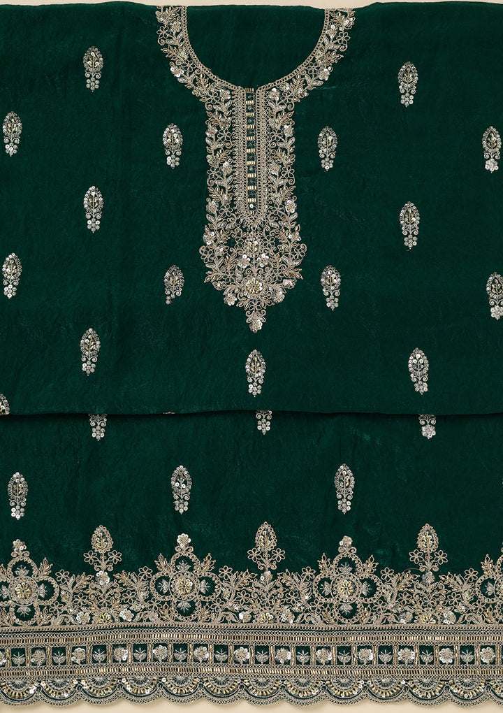 Bottle Green Soft Raw Silk Cutdana Unstitched Dress Material With Matching Bottom And Dupatta