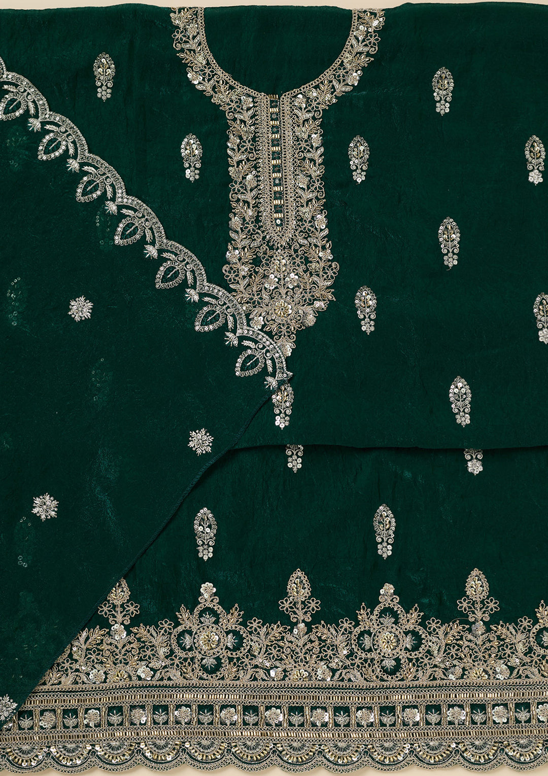 Bottle Green Soft Raw Silk Cutdana Unstitched Dress Material With Matching Bottom And Dupatta