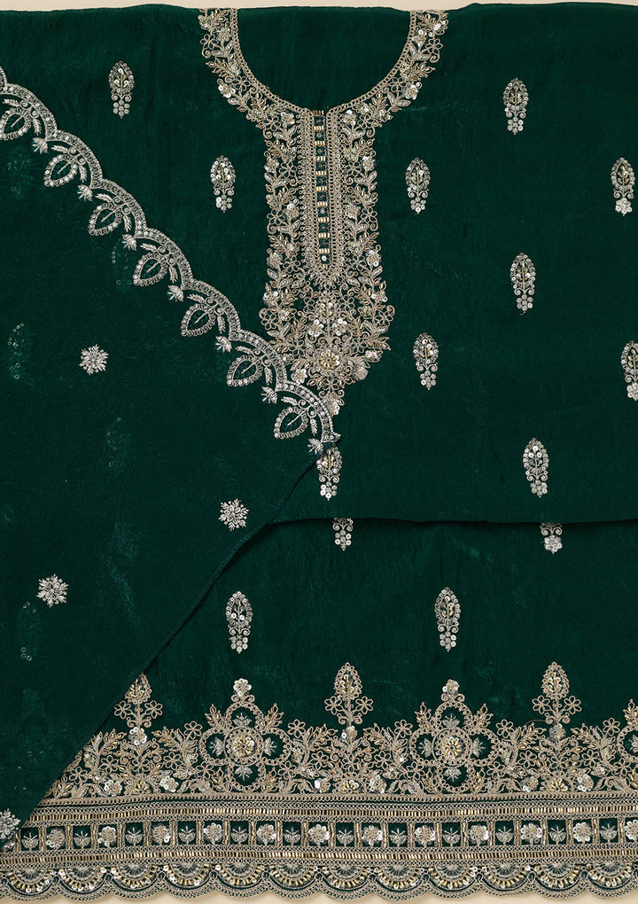 Bottle Green Soft Raw Silk Cutdana Unstitched Dress Material With Matching Bottom And Dupatta