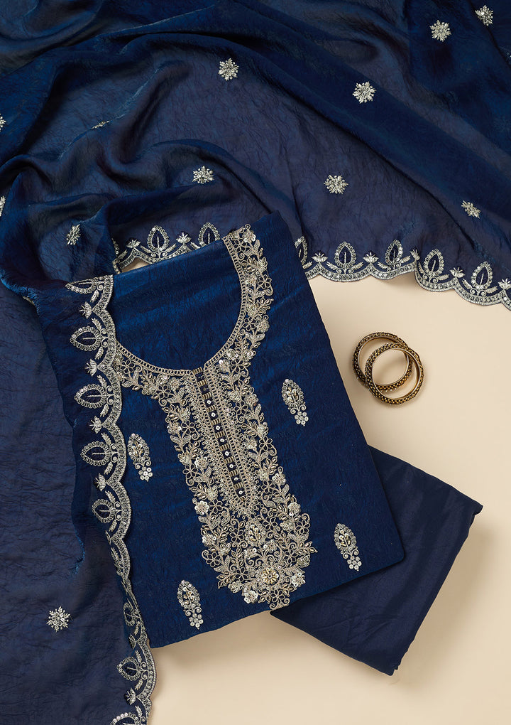 Navy Blue Cutdana Soft Raw Silk Unstitched Salwar Suit