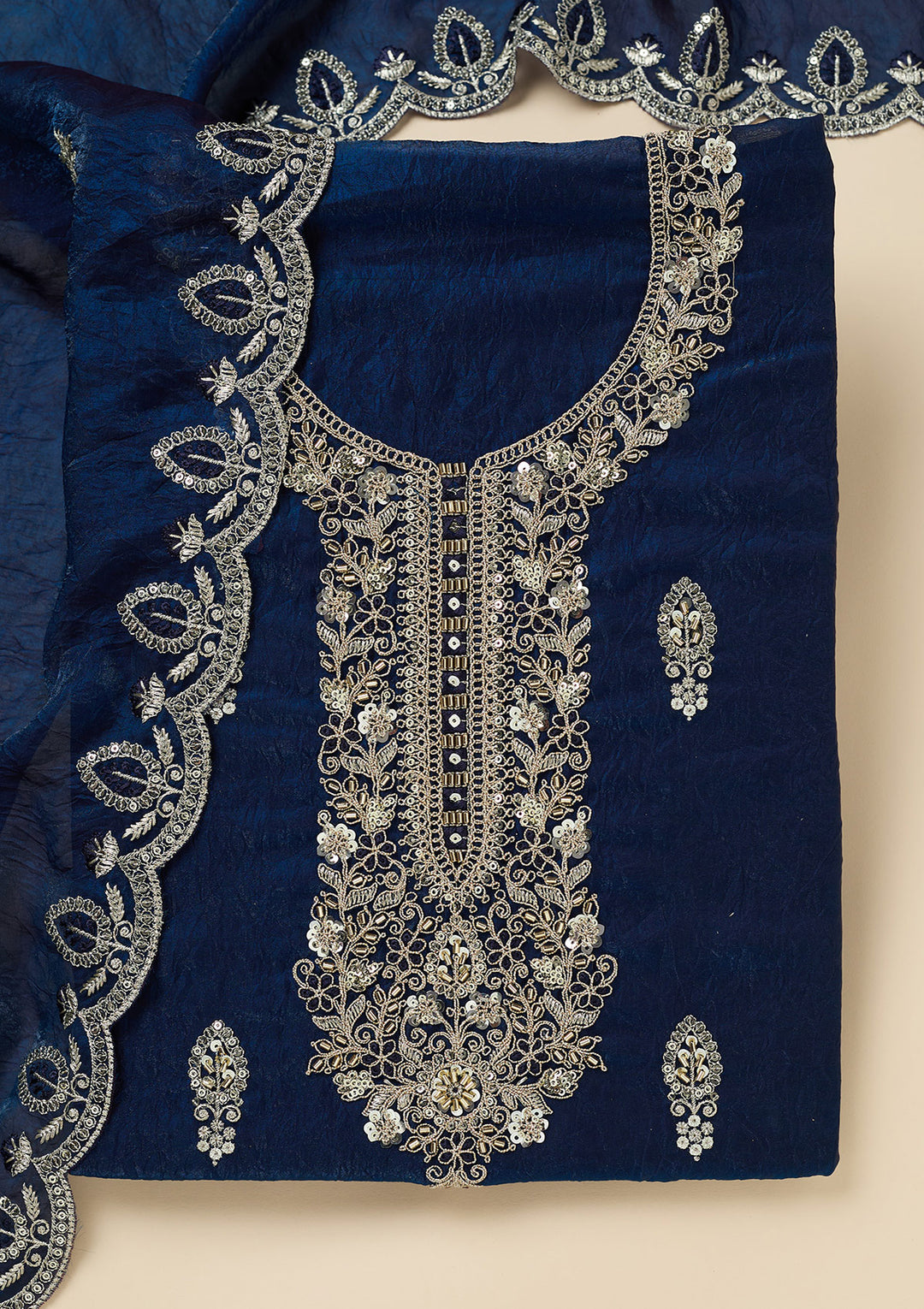 Navy Blue Cutdana Soft Raw Silk Unstitched Salwar Suit