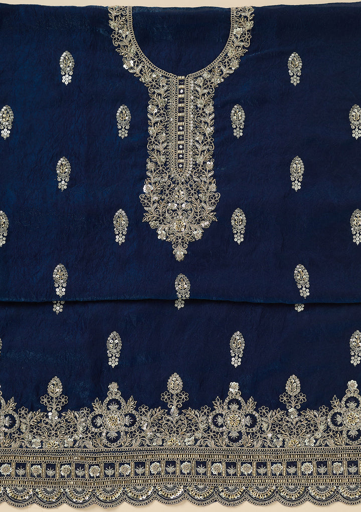 Navy Blue Cutdana Soft Raw Silk Unstitched Salwar Suit