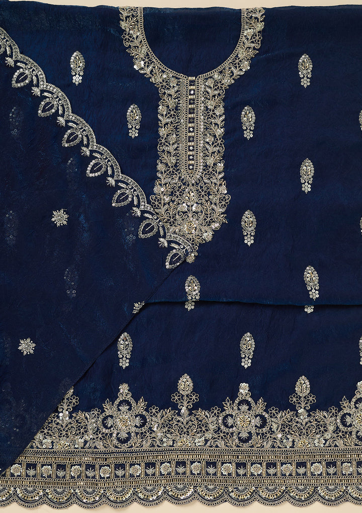 Navy Blue Cutdana Soft Raw Silk Unstitched Salwar Suit