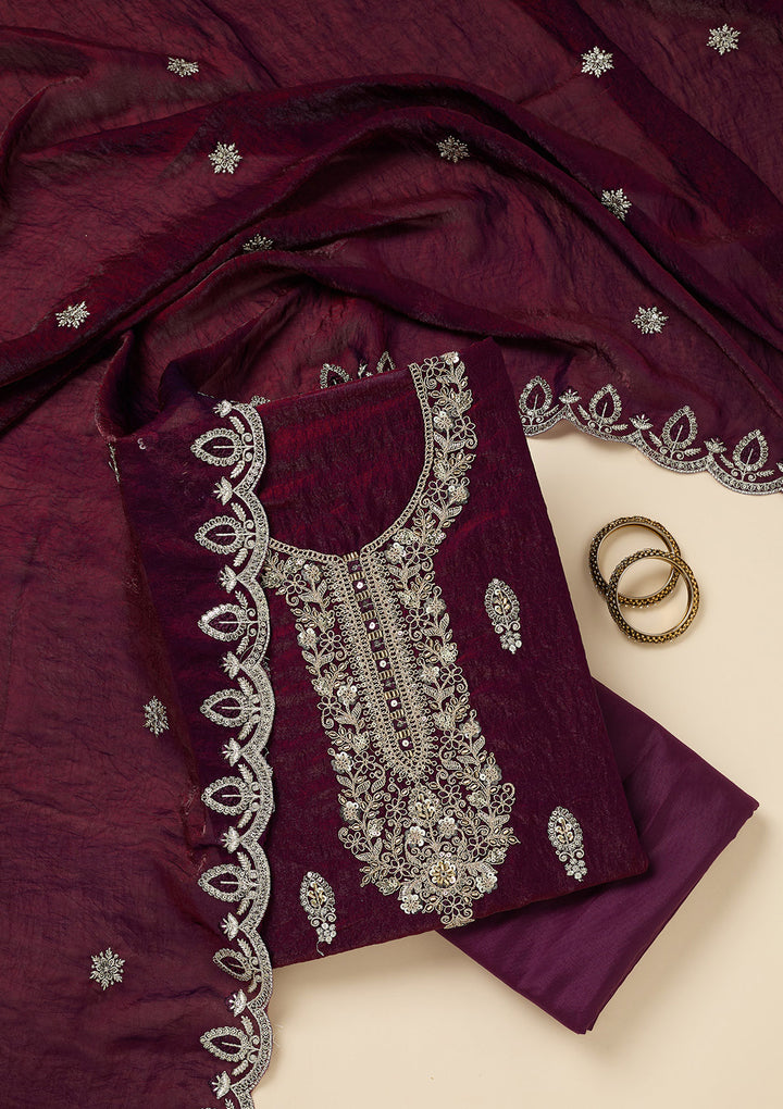 Wine Soft Raw Silk Cutdana Unstitched Dress Material With Matching Bottom And Dupatta