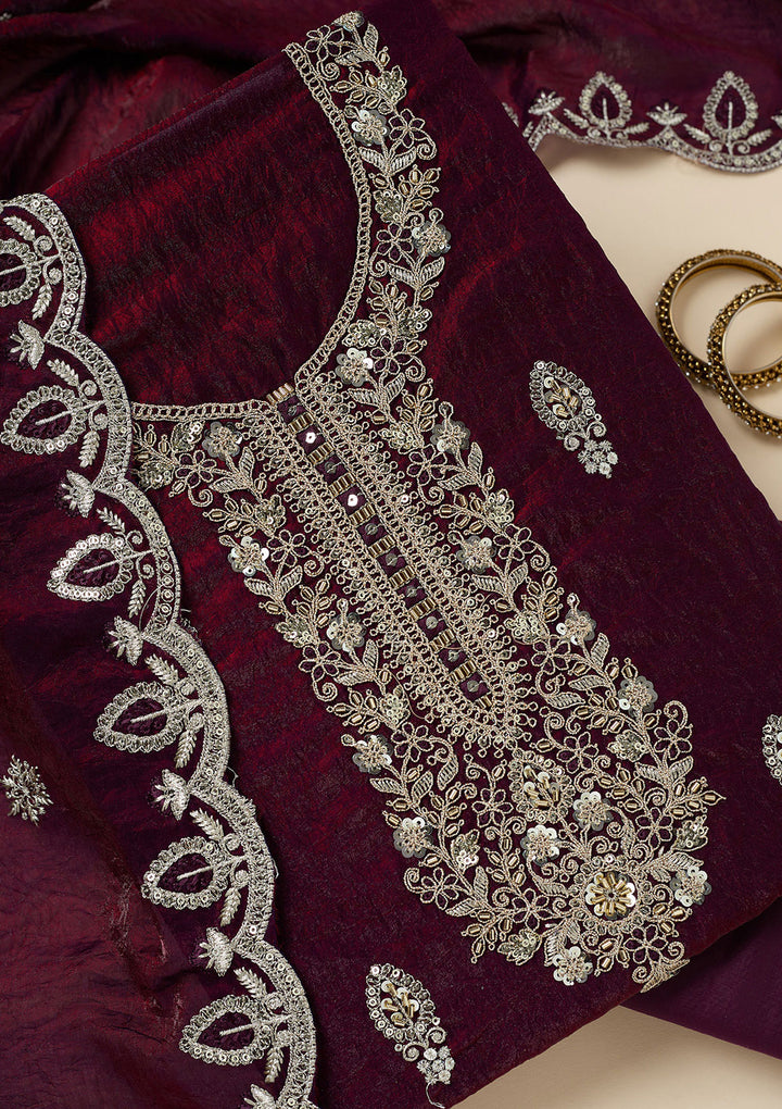 Wine Soft Raw Silk Cutdana Unstitched Dress Material With Matching Bottom And Dupatta