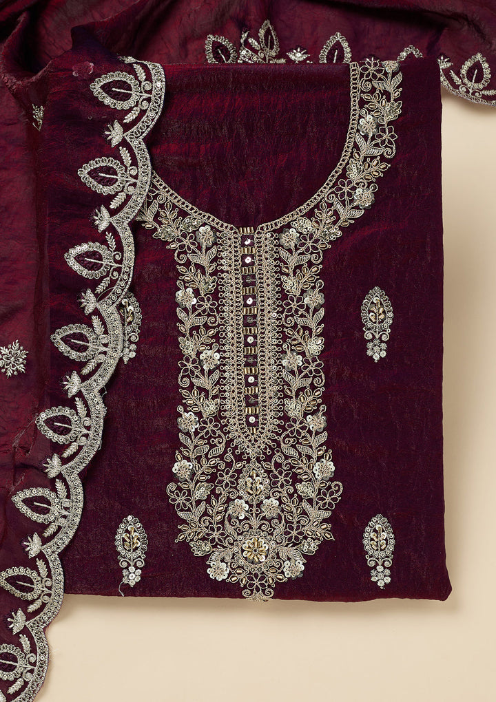 Wine Soft Raw Silk Cutdana Unstitched Dress Material With Matching Bottom And Dupatta