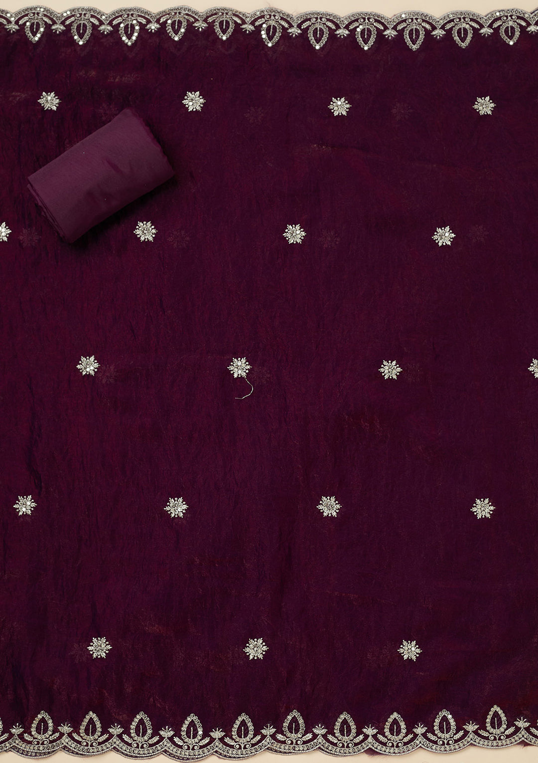 Wine Soft Raw Silk Cutdana Unstitched Dress Material With Matching Bottom And Dupatta
