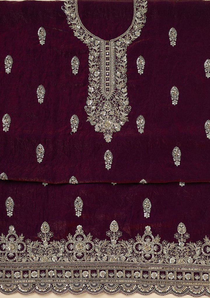 Wine Soft Raw Silk Cutdana Unstitched Dress Material With Matching Bottom And Dupatta