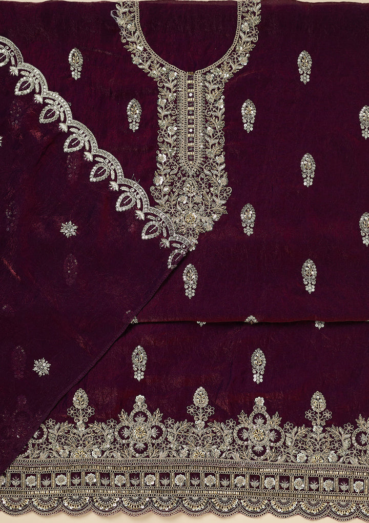 Wine Soft Raw Silk Cutdana Unstitched Dress Material With Matching Bottom And Dupatta