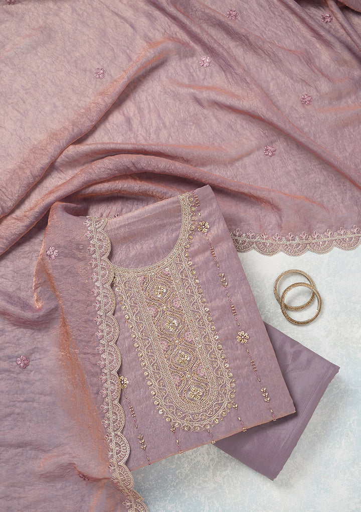 Lavender Tissue Cutdana Unstitched Dress Material With Matching Bottom And Dupatta